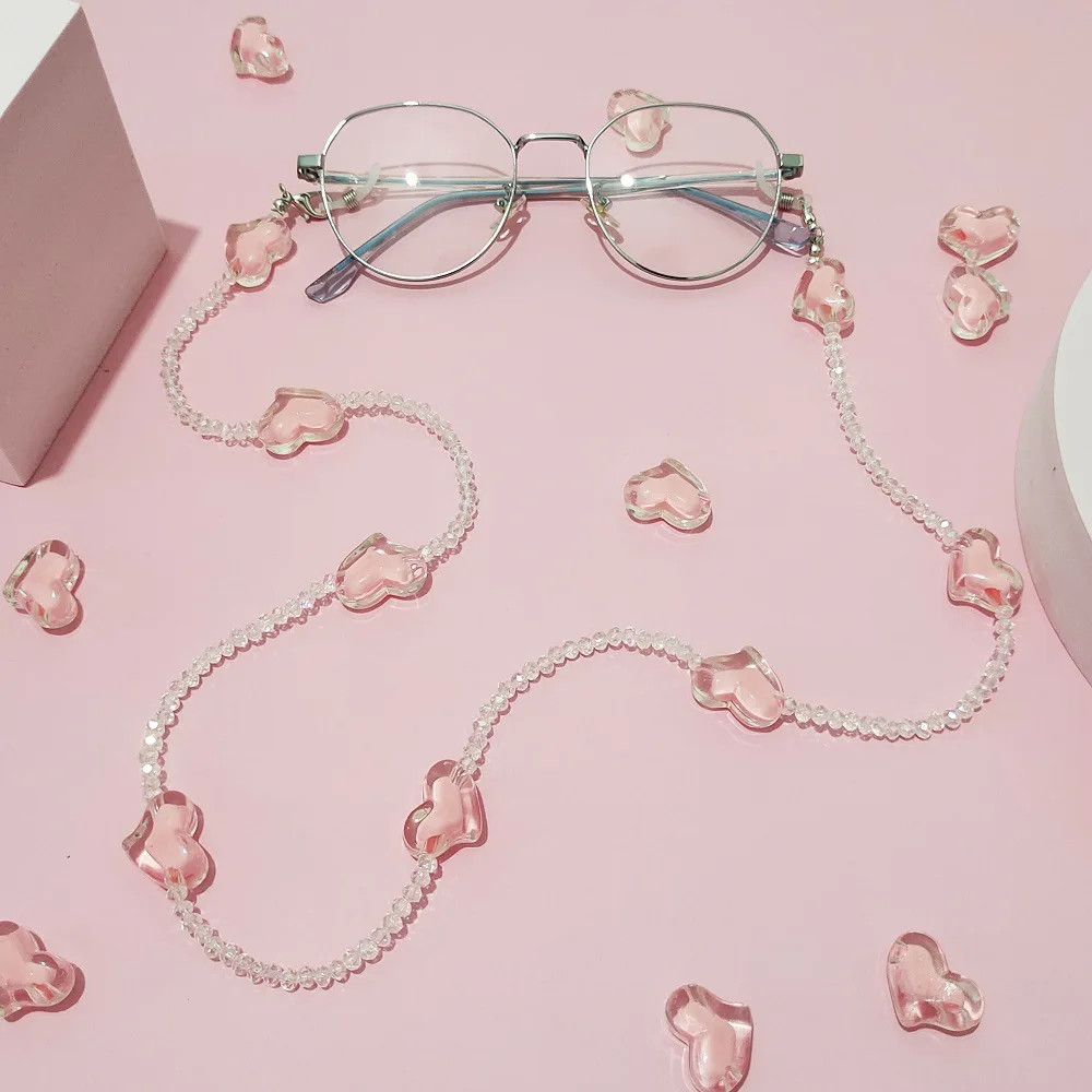 Fashion Love Heart Pink Crystal Sunglasses Chain Romantic Transparent Bead Chain