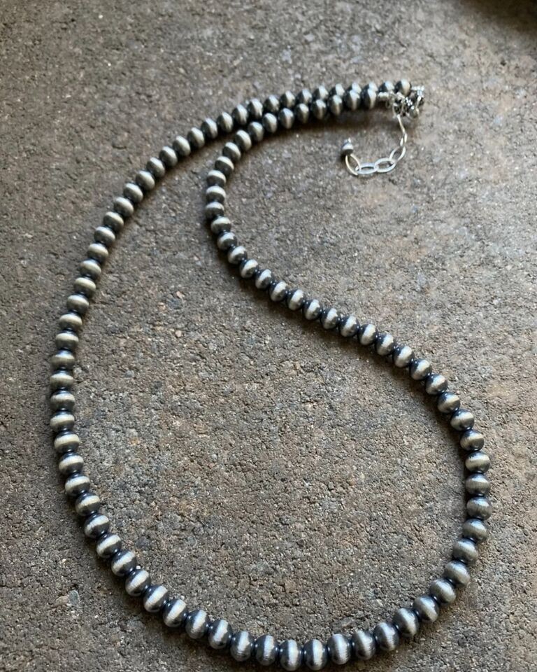 6mm 14 Inch 925 Sterling Silver Oxidized Pearls Bead Necklace Southwestern