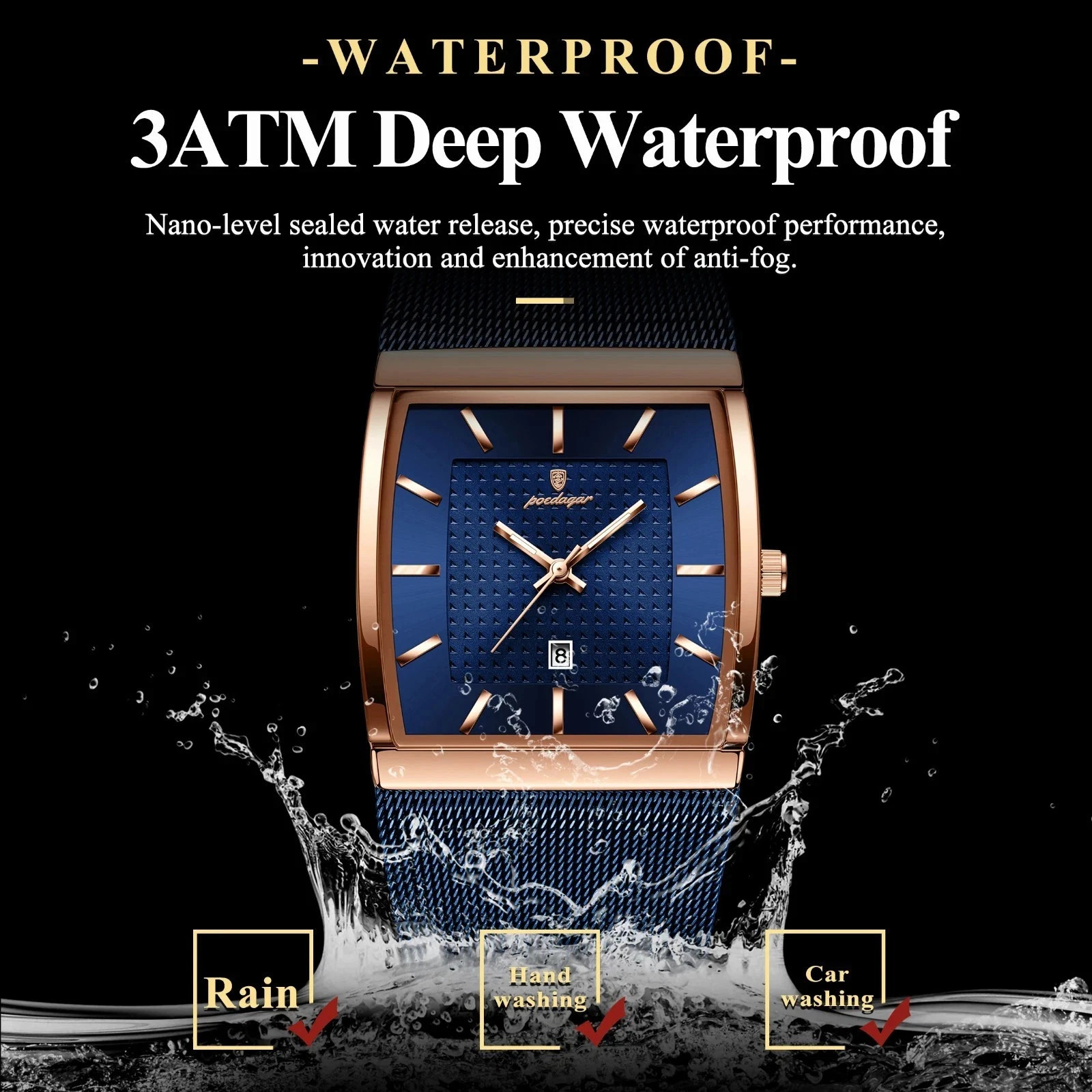 Luxury Men’s Watch Rectangle Steel Mesh Waterproof Luminous Date Quartz