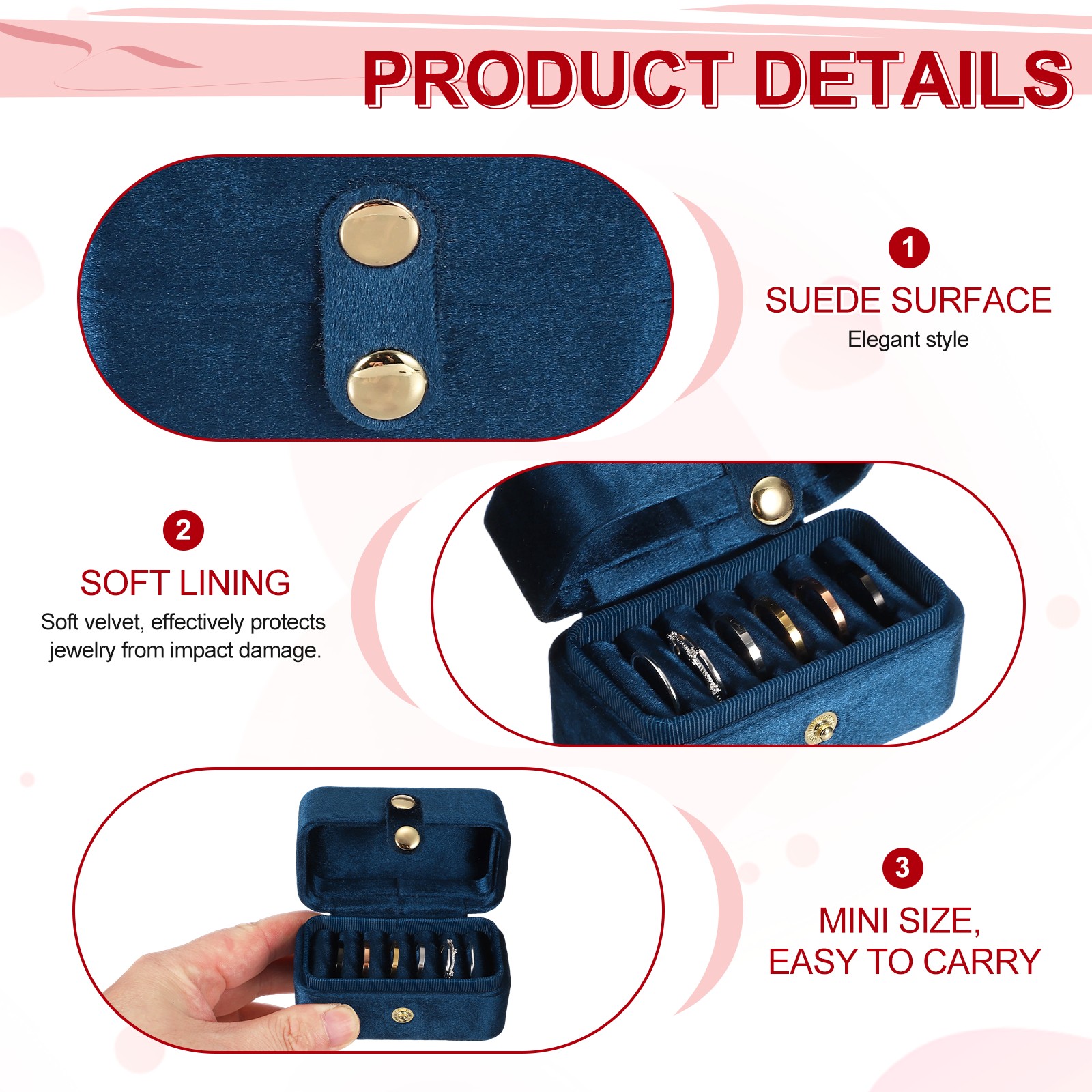 6 Slots Velvet Ring Box 3.35×1.85×1.97Inch Small Travel Jewelry Case Dark Blue