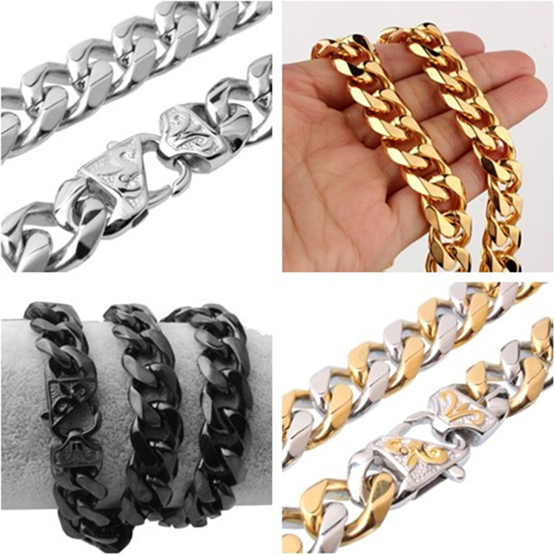12/15mm High Polished Cut Curb Chain Stainless Steel Mens Necklace or Bracelet