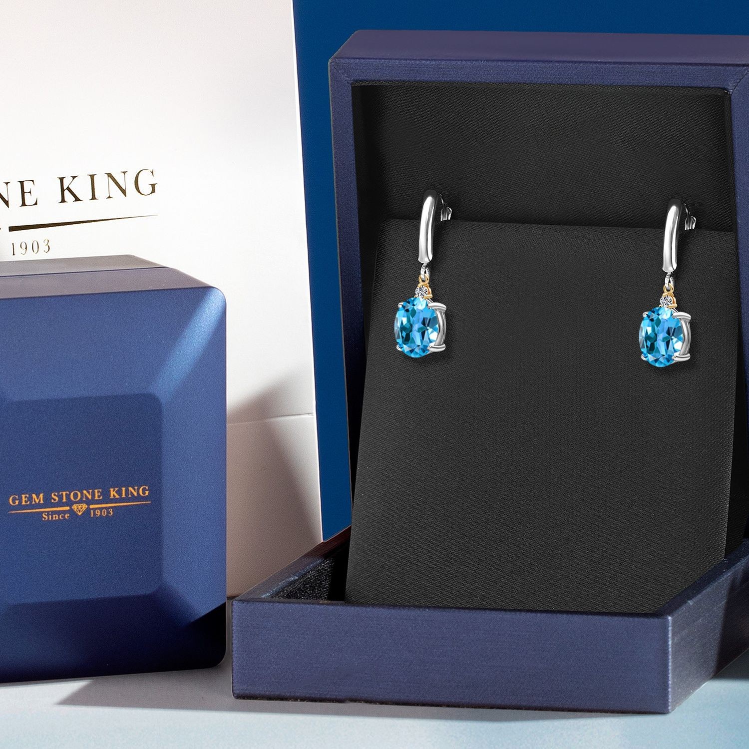925 Silver and 10K Yellow Gold Swiss Blue Topaz and Lab Grown Diamond Dangle