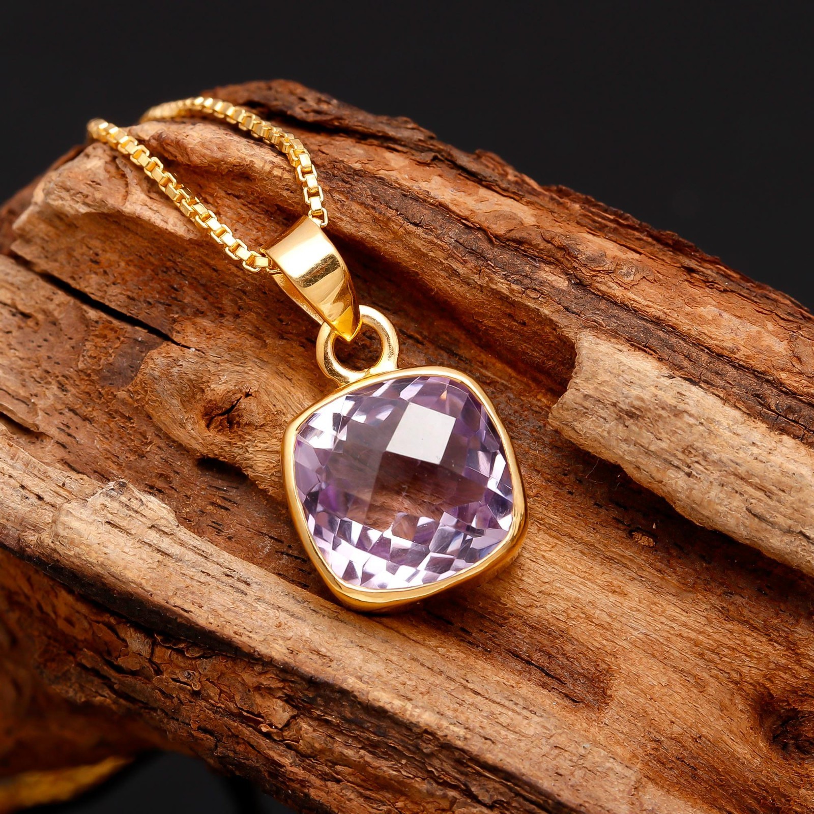 Natural Pink Amethyst Cushion Chain Pendant Gold Fill 925Sterling Silver Jewelry