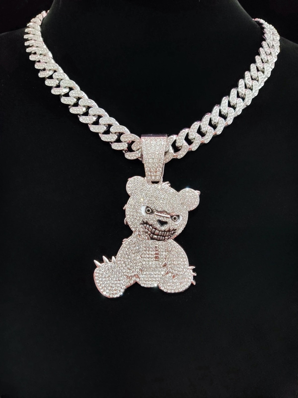 Iced Out Evil Bear Hip Hop Pendant Necklace Cuban Link Chain Bling Silver Gold