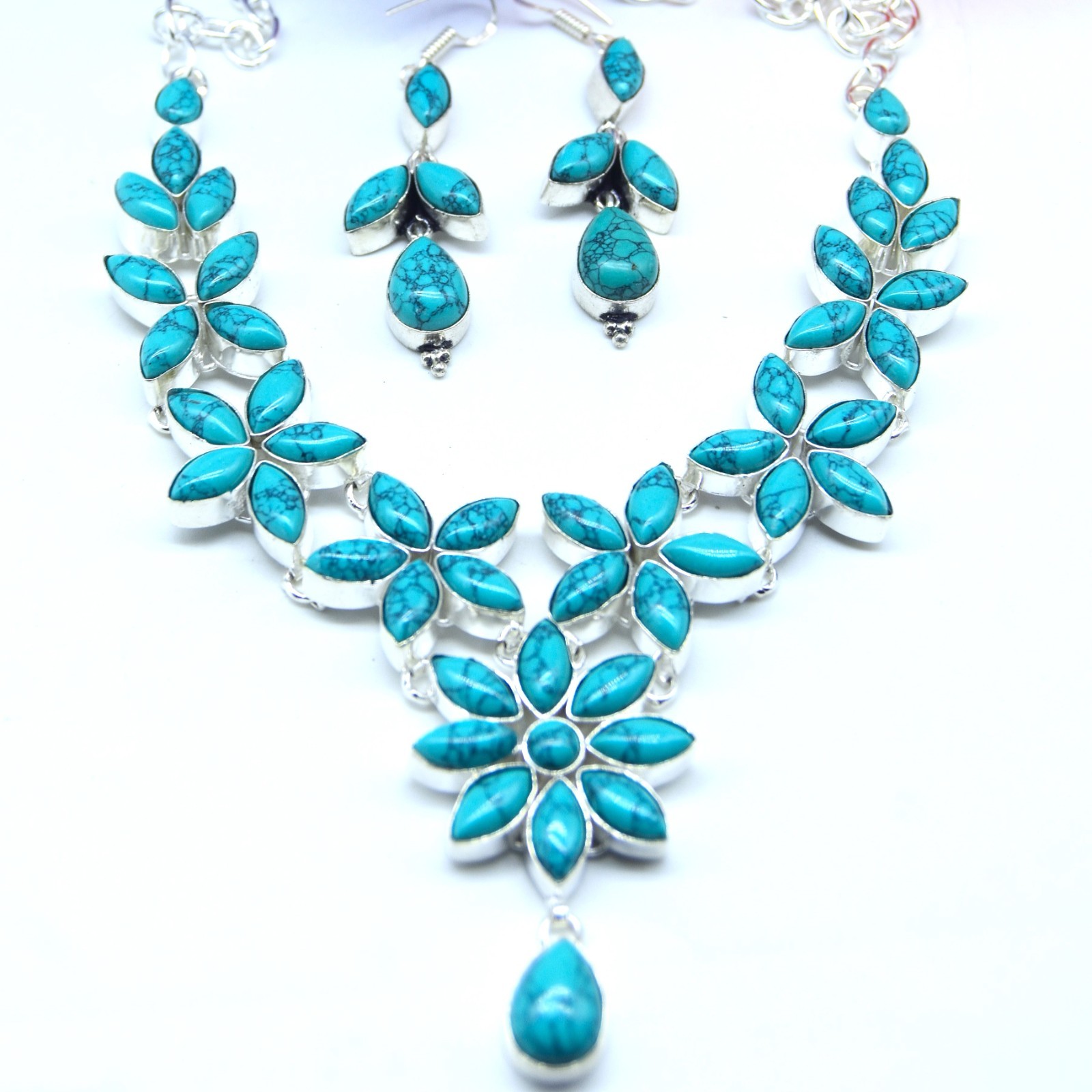 Turquoise Gemstone Handmade 925 Sterling Silver Necklace and Earring Set S-ADJ