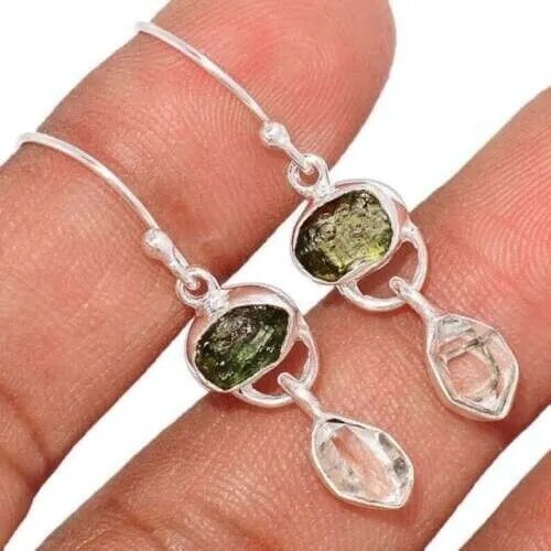 Czech Republic Moldavite Herkimer Diamond Earrings Gemstone 925 Sterling Silver