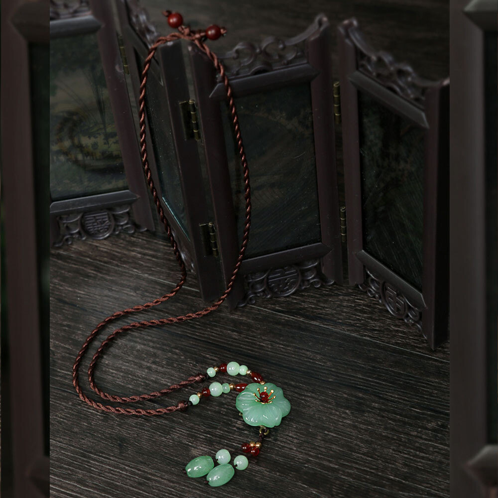 Green Jade Flower Pendant Natural Necklace Gemstone 925 Silver Chalcedony women