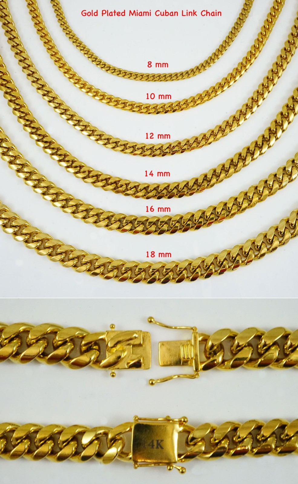 14k 30in 6/8/10/12/14/16/18mm Gold plated Miami cuban link stainless steel
