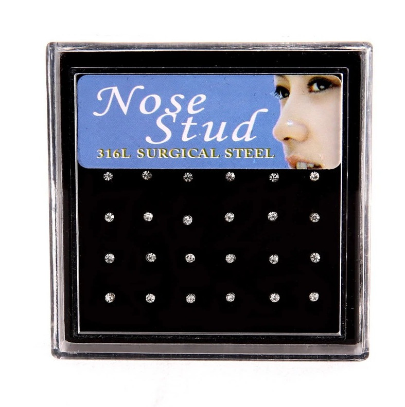 24pcs Crystal Nose Rings & Studs for Women Stainless Steel Piercing Jewelry
