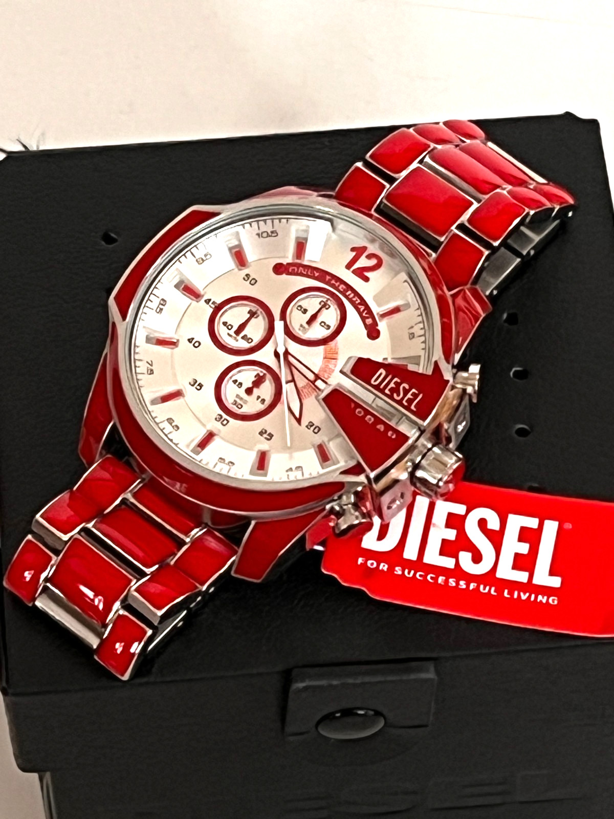 DIESEL DZ4638 Men’s Mega Chief Red Enamel Stainless Steel Watch BNWT/Box $290