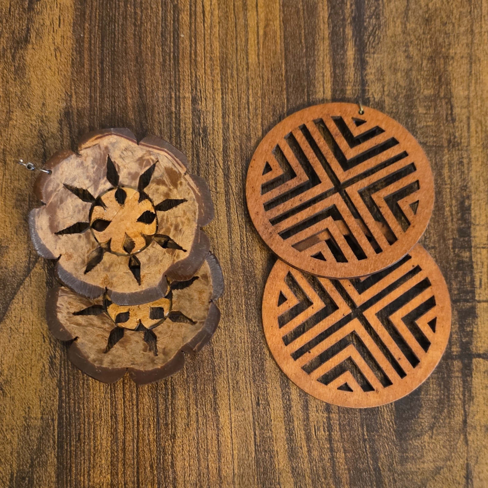 Brown Wood Round Geometric Dangle/Drop Earrings Hook Back, No Stone