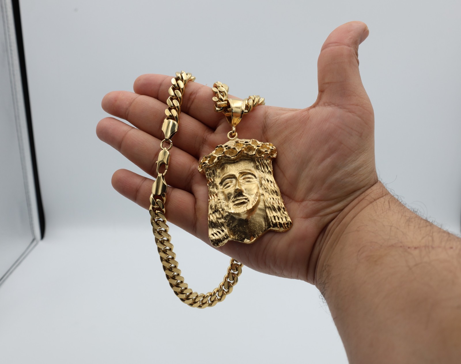 Jumbo Jesus Face Pendant Necklace, 10mm Cuban Chain, Heavy Plated Gold
