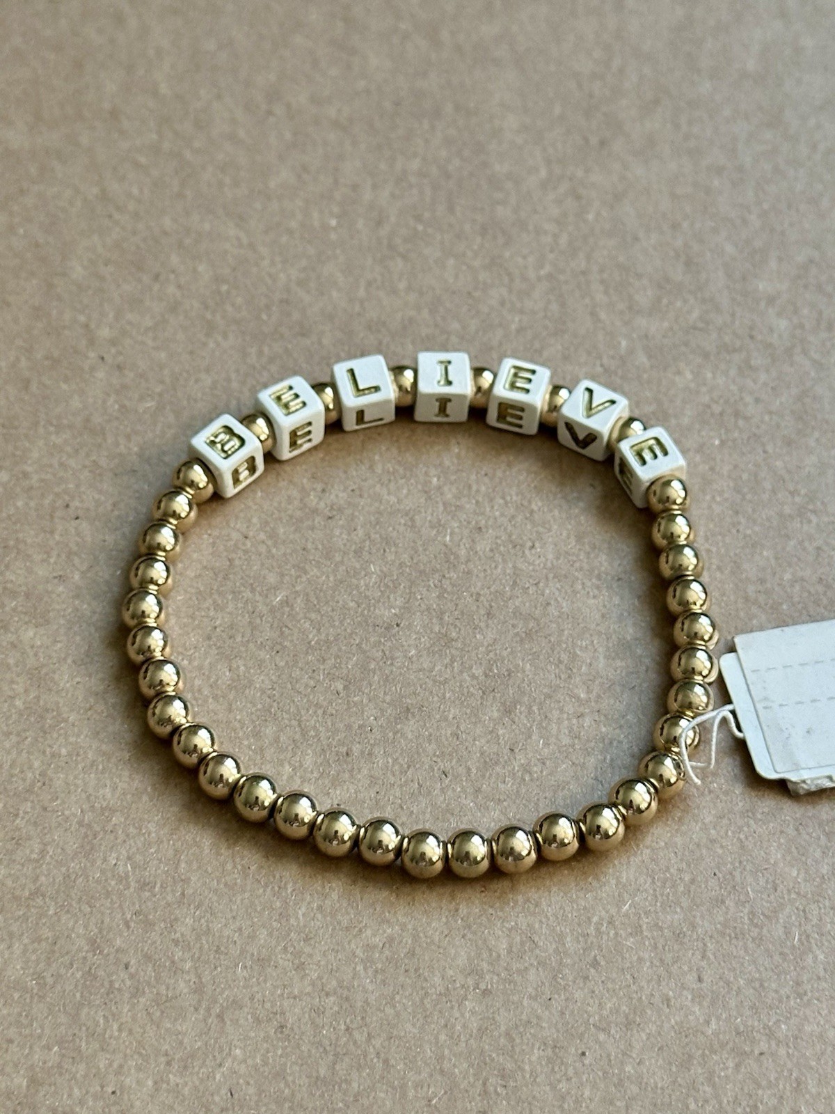 BELIEVE Stretch Bead Bracelet – Gold Tone Beads on Elastic Cord – Adjustable Fit