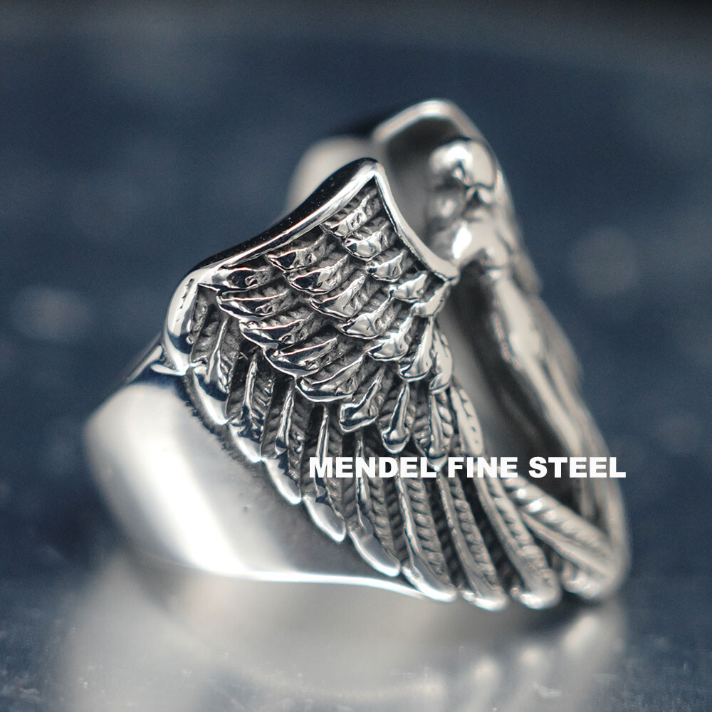 MENDEL Mens Feather MC Biker Angel Wing Ring Stainless Steel Silver Size 7-15