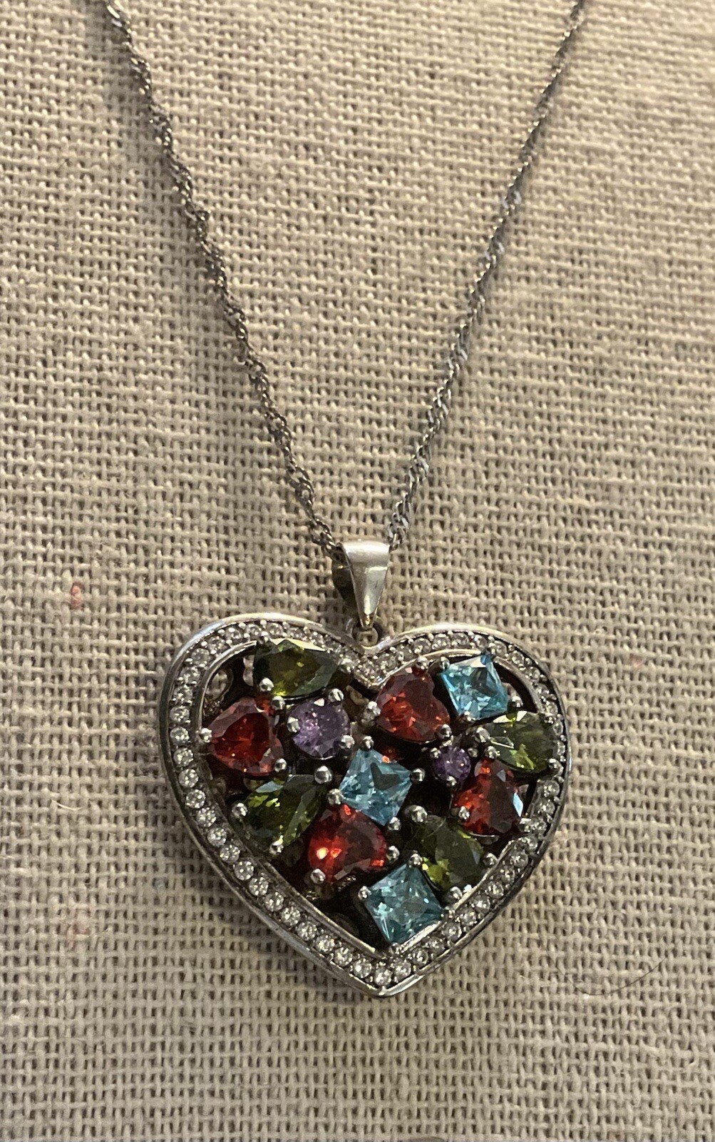 FZN FUZION CREATIONS sterling silver multi color cz Heart Necklace 17” large