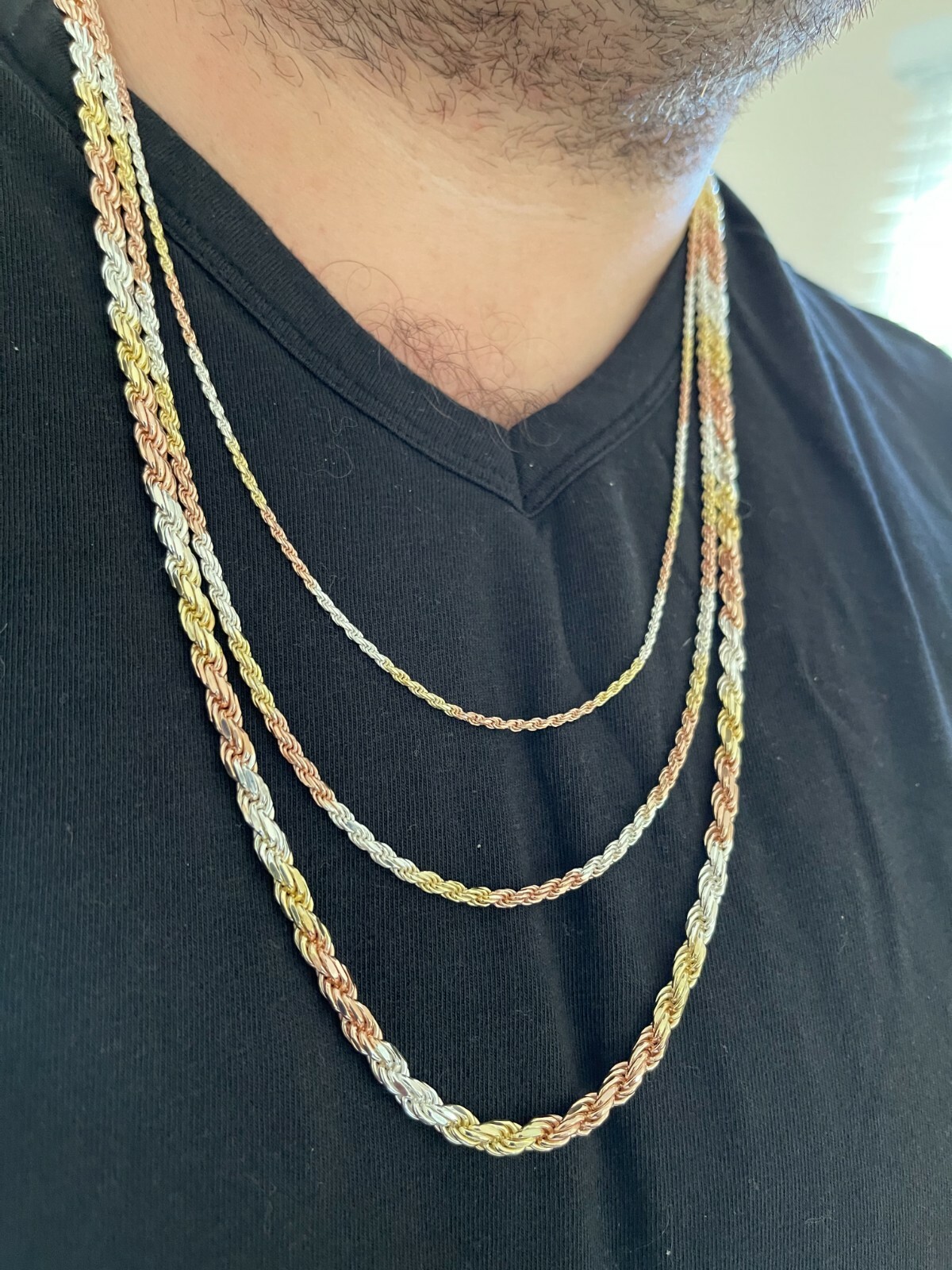 Solid 925 Silver & Yellow Rose Gold Plated Tri Color Rope Chain Necklace 2-5mm