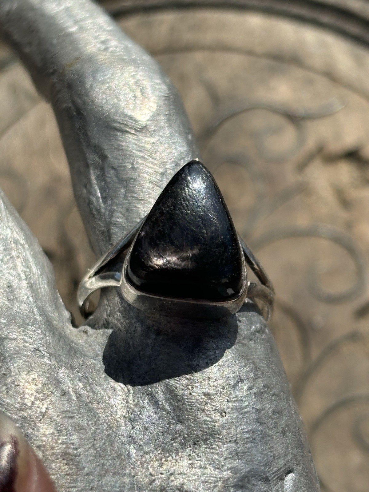 Silver-Tone Bezel Set Black Triangle Stone Cocktail Band Ring