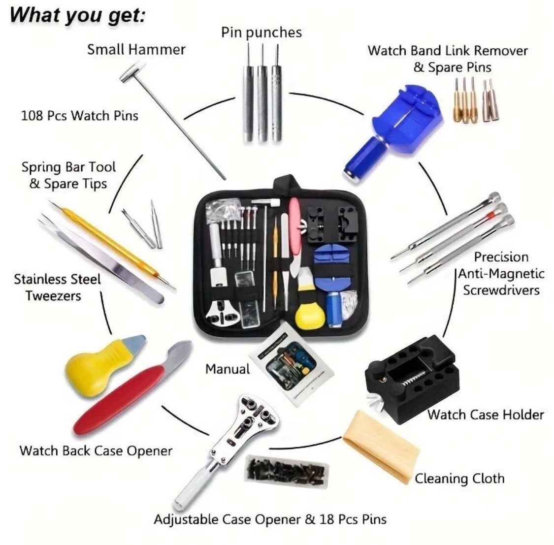147PC Watch Battery Change Repair Tool Band Pin Remover Back Case Opener 55mm Ki