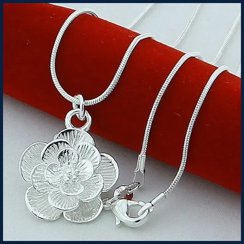 925 Sterling Silver Rose Flower Pendant Necklace 18/20-24/26/30 Inch Snake Chain