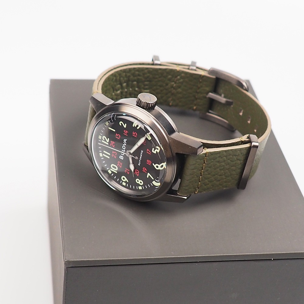 Men’s Bulova Military Hack Black Dial Green Leather Strap Automatic Watch 98A255