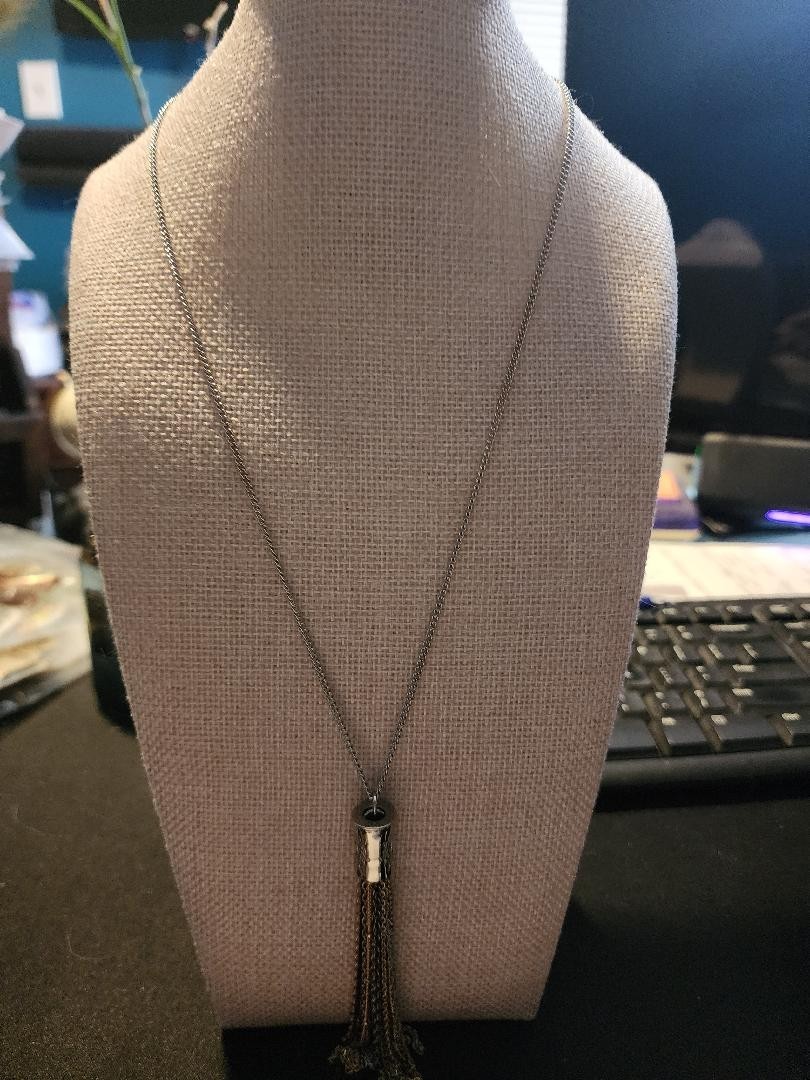 necklace with multi color chain fringe tassel on antique gold chain