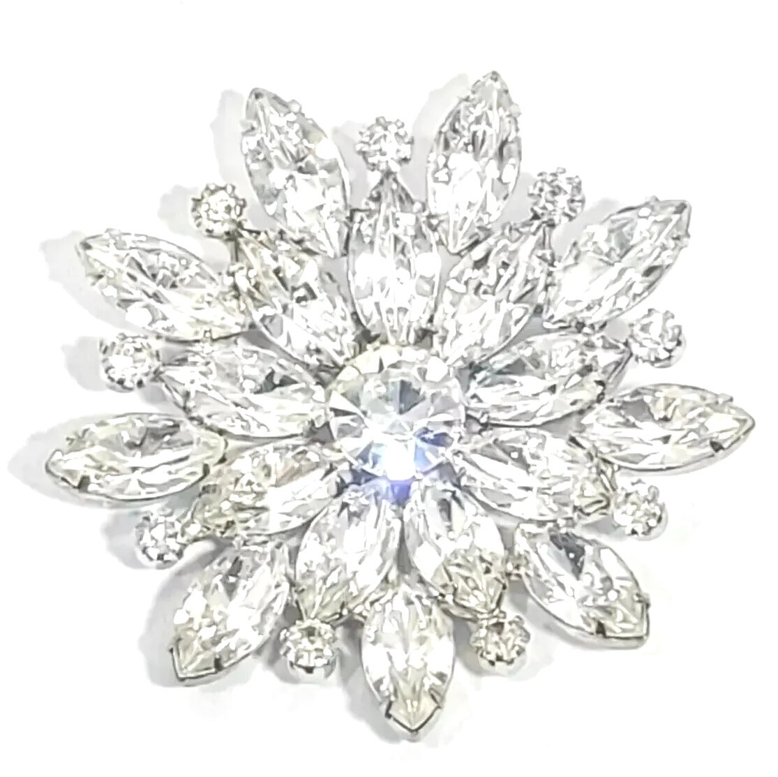 Stunning VTG Mid-Century Flower Crystal Rhinestone BROOCH PIN Rhodium-plated