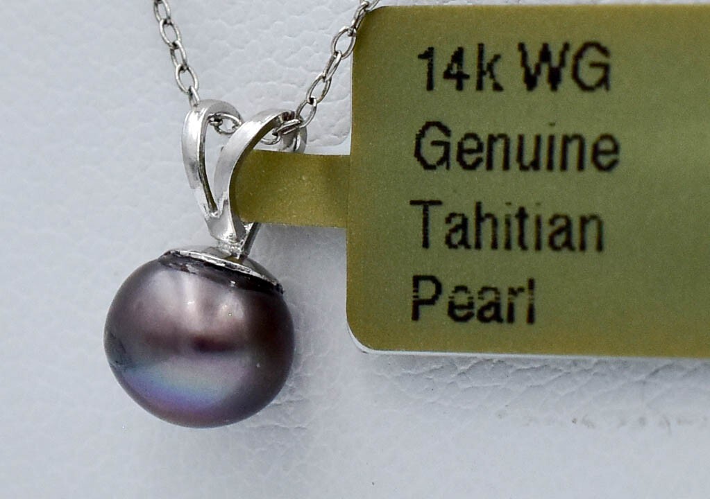 NATURAL 6 mm TAHITIAN PEARL PENDANT 14K WHITE GOLD – MADE IN USA – Free Chain