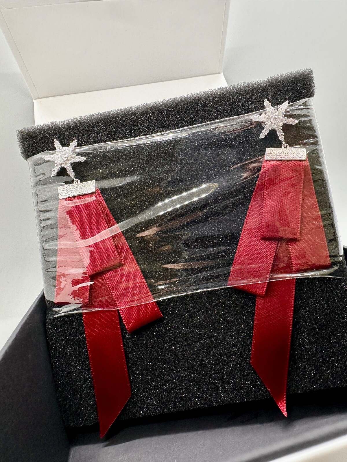 HEFANG Red Ribbon Full Zircon Earrings Stud Dangle Women Christmas Jewelry Gift