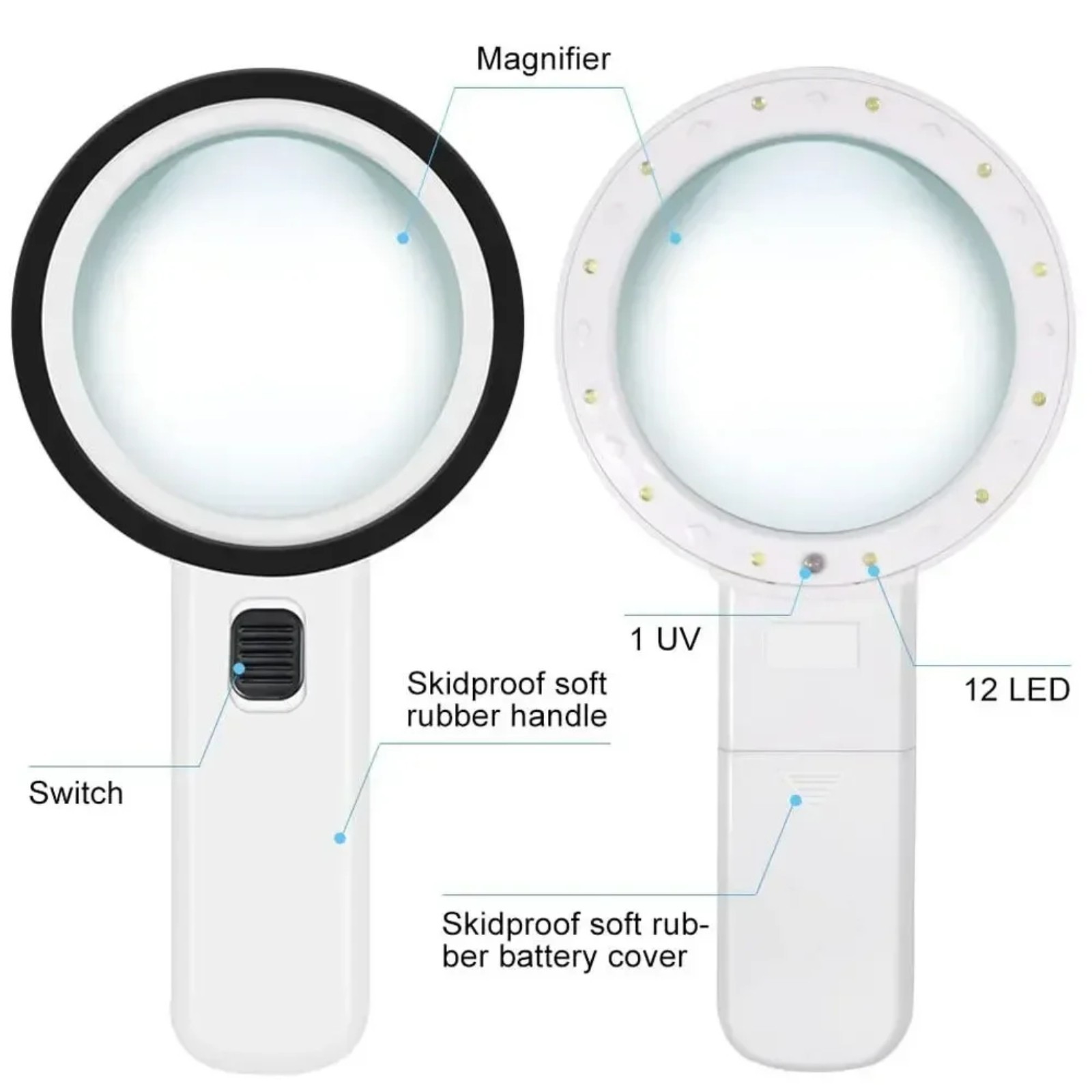 30X Jumbo Handheld Magnifying Glass w 12 Bright LED Light Illuminated Magnifier