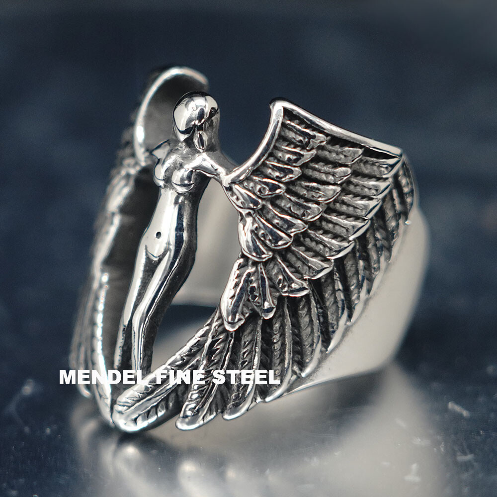 MENDEL Mens Feather MC Biker Angel Wing Ring Stainless Steel Silver Size 7-15