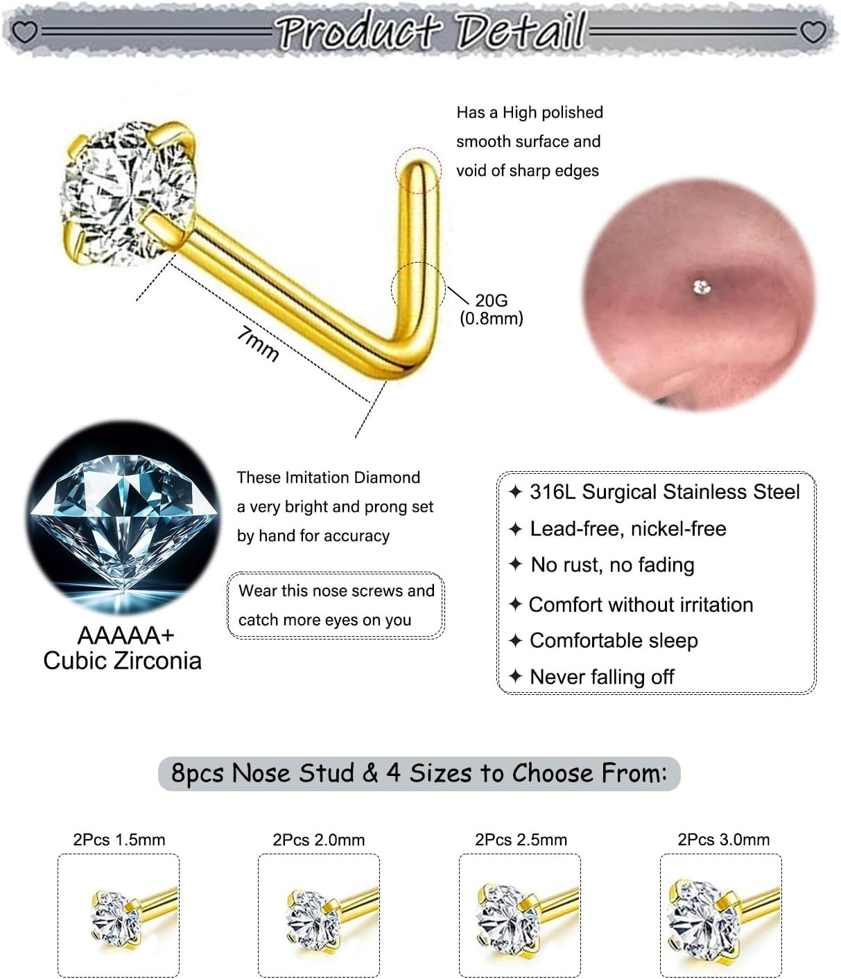 Nose Rings Studs Set for Women Men: 8Pcs 18G 20G 22G 20G/0.8Mm, Gold