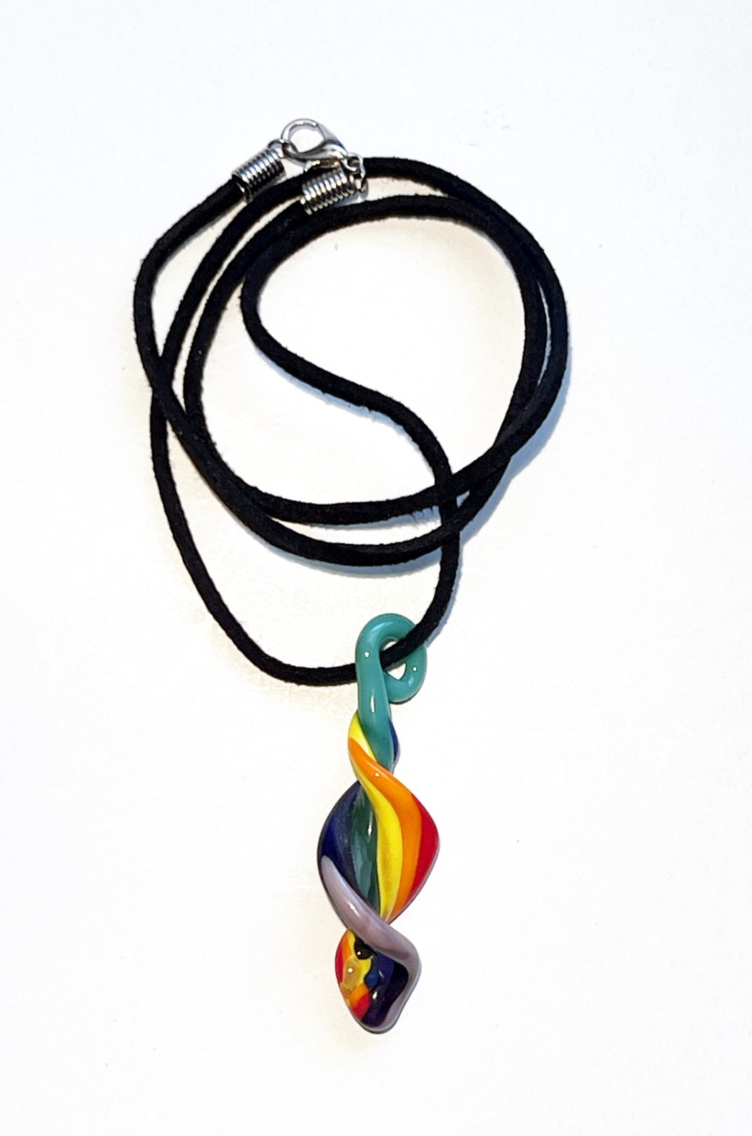 NEW Handcrafted 2 1/8″ RAINBOW TWIST Glass PENDANT 18″ Necklace Gay Pride Month