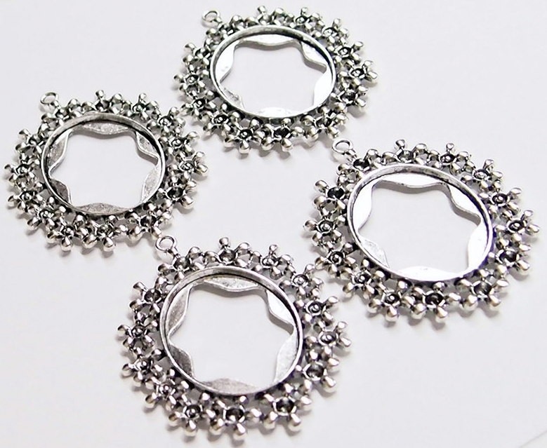 4 of 40x30mm Antique Silver Victorian Beaded Flower Large Floral Pendant Setting