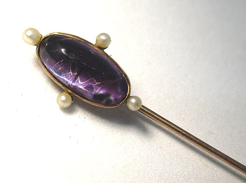 Victorian 10K Yellow Gold Stick Pin w Pearls and Foil Backed Glass 1.4 grams