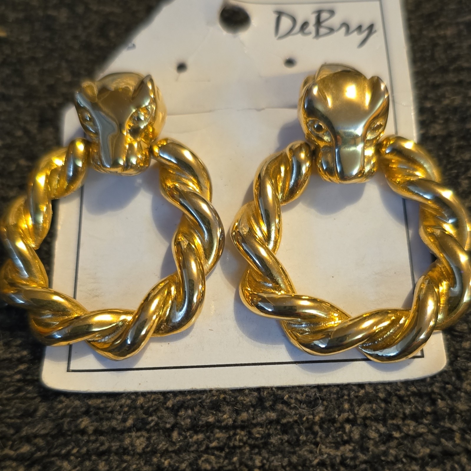 Vintage DeBary Gold Tone Twisted Hoop Dangle Earrings Metal Round No Stone