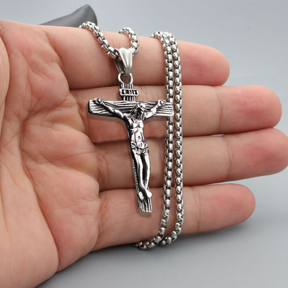 Men Stainless Steel Jesus Christ Crucifix Cross Pendant Chain Necklace