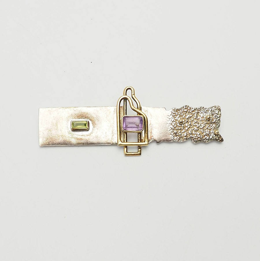 YES Studio sterling silver amethyst peridot abstract modern vintage bar pin