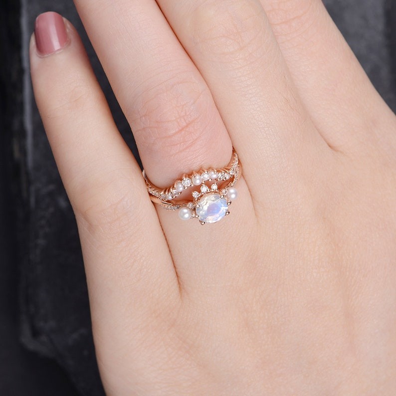 Natural Round Cut Moonstone & Pearls Rose Gold Plated Silver Engagement Ring Set