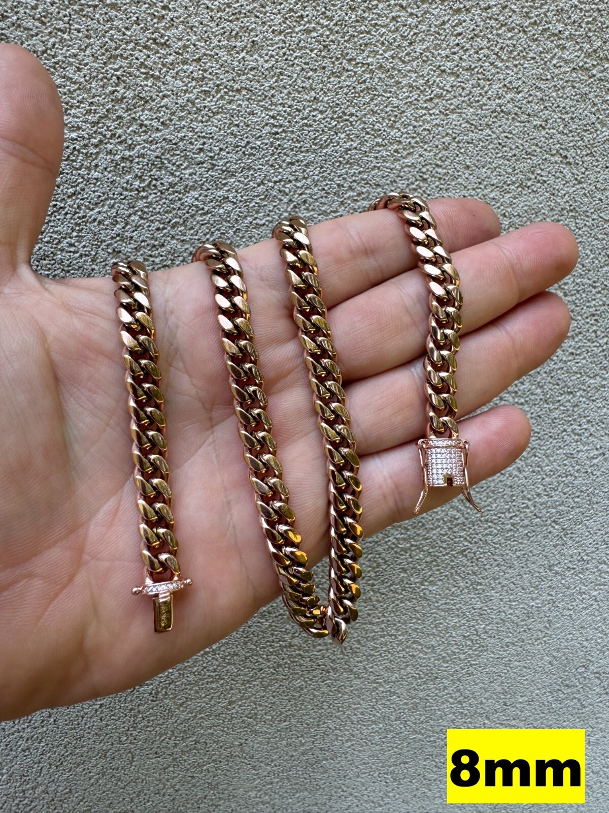 Miami Cuban Link Chain W. 1ct CZ Iced Clasp 14k Rose Gold Plated Stainless Steel