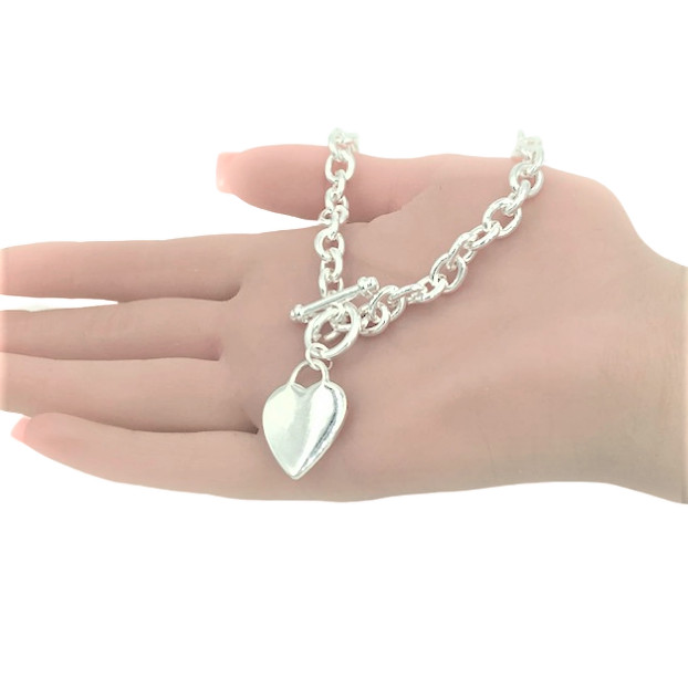 Heart Tag Pendant Toggle Thick Chain Necklace Silver
