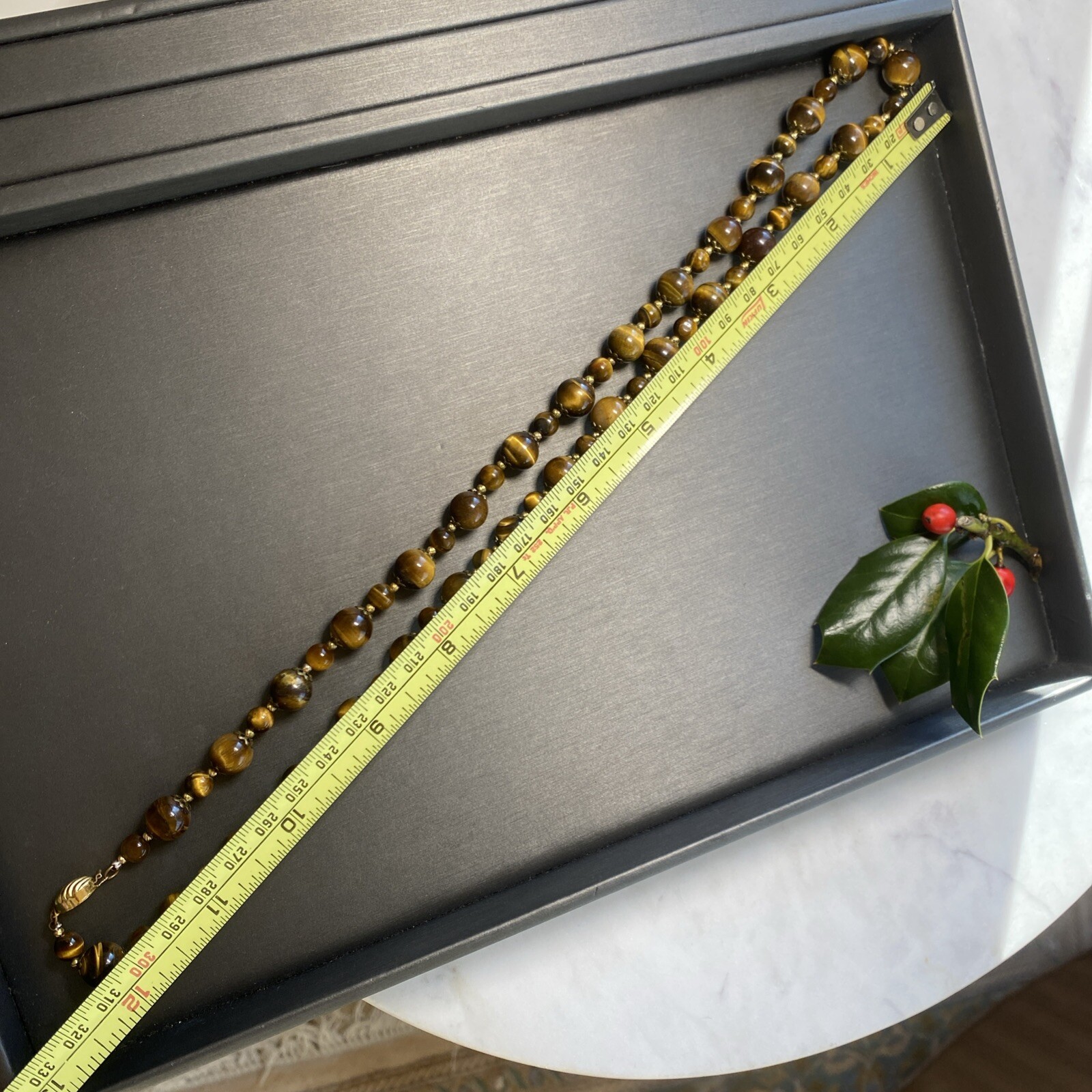 Vintage Tigers Eye Necklace Estate Fine Jewelry Pre-Owned Floral Filigree 25″
