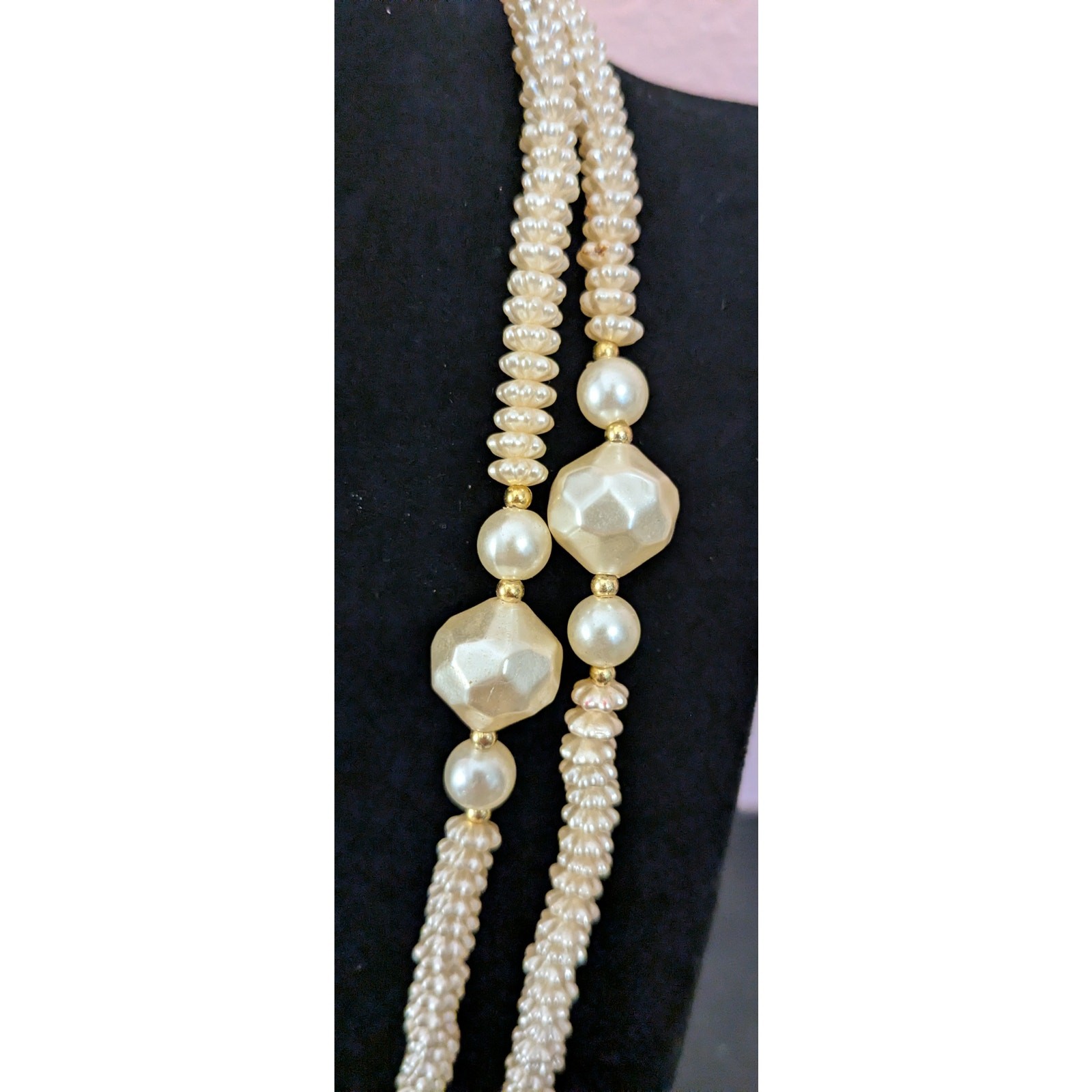 Vintage 45″ Long Faux Pearl Necklace Chunky Faceted Geometric Beads Opera Strand