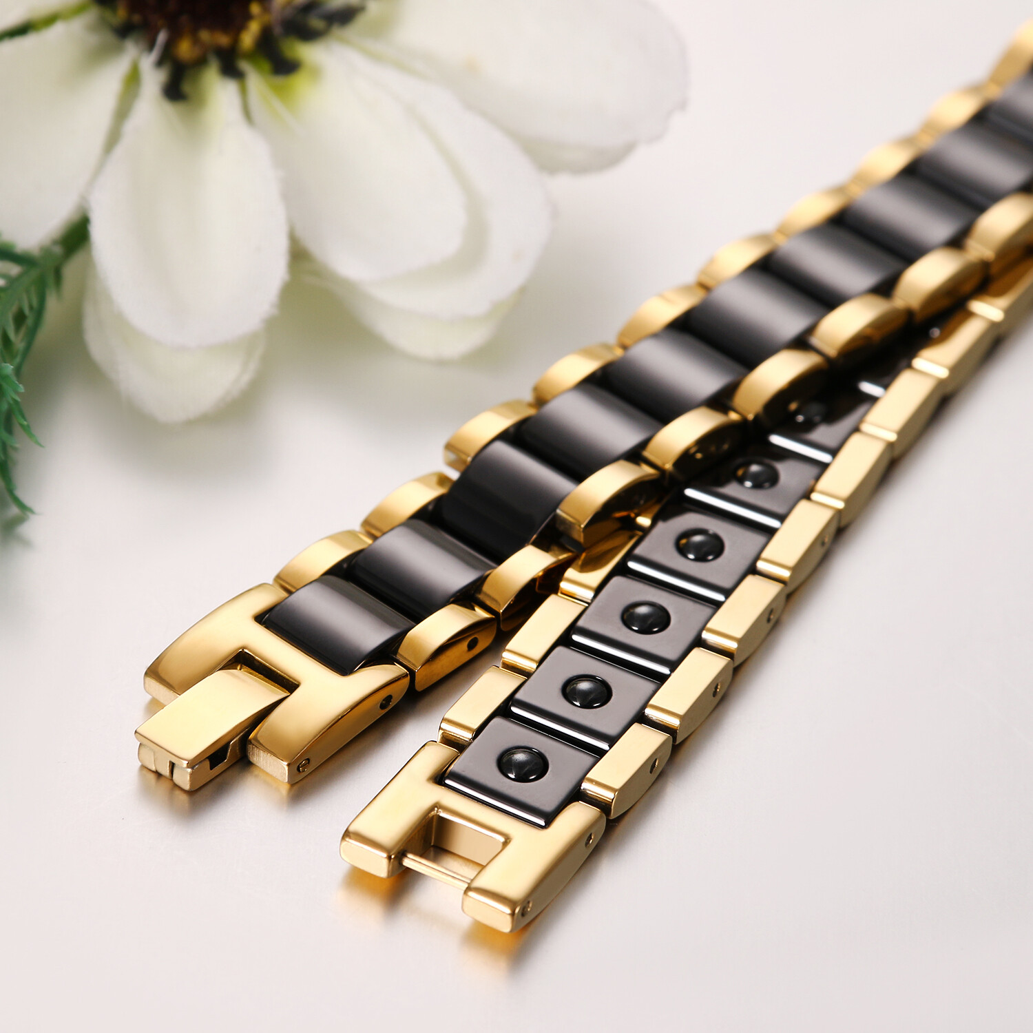 Men’s Wide Ceramic Link Stainless Steel Health Power Therapy Magnetic Bracelet