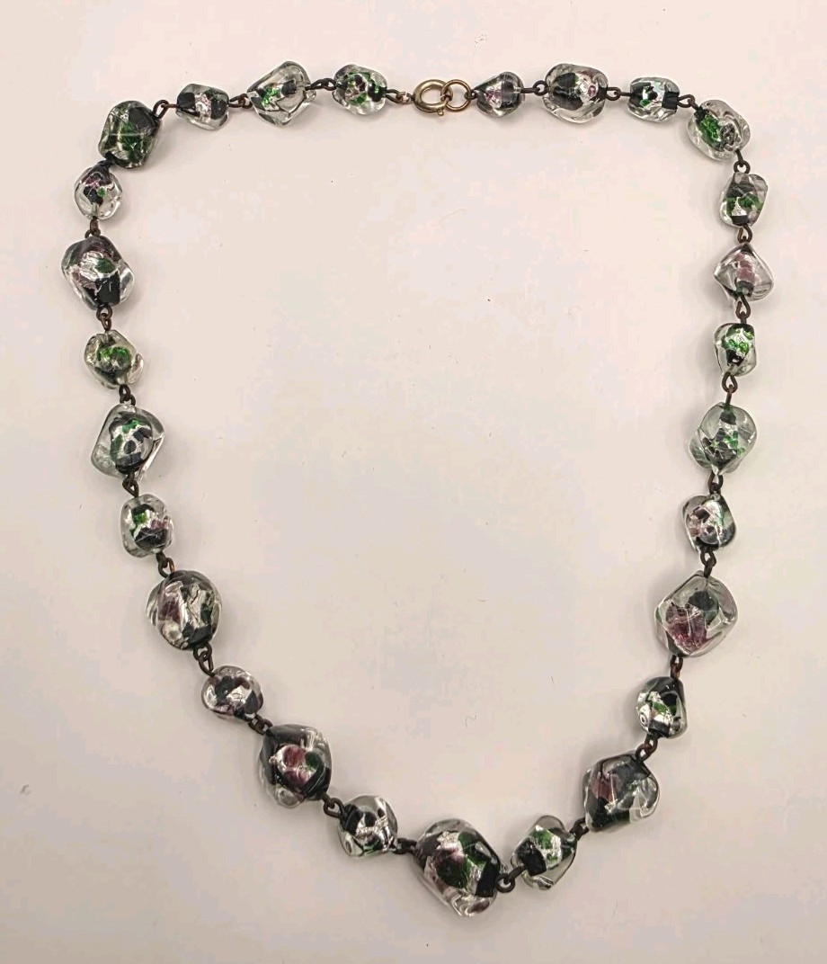 Vintage Peacock Foil Back Encrusted In Venetian Murano Glass Beaded Necklace