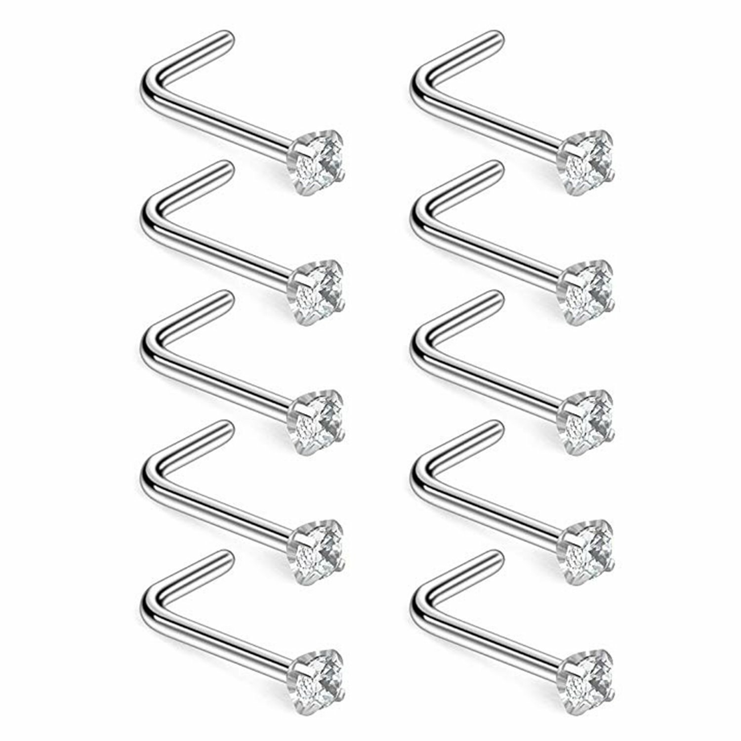 10pcs L Shape Nose Nail 316L Surgical Steel Ring Zircon Piercing Jewelry 1.5-3mm
