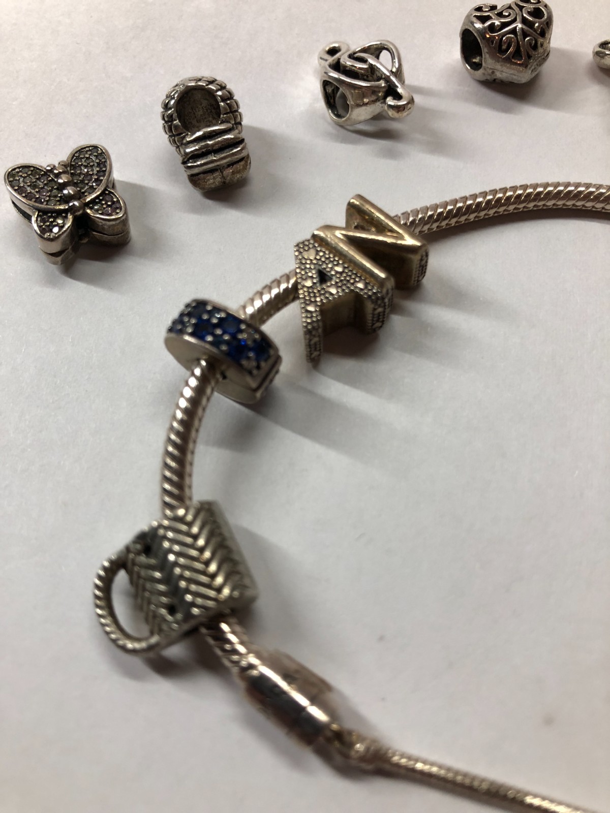 Pandora Snake Chain Slider Bracelet With Various Charms Initials N & A Carry Bag