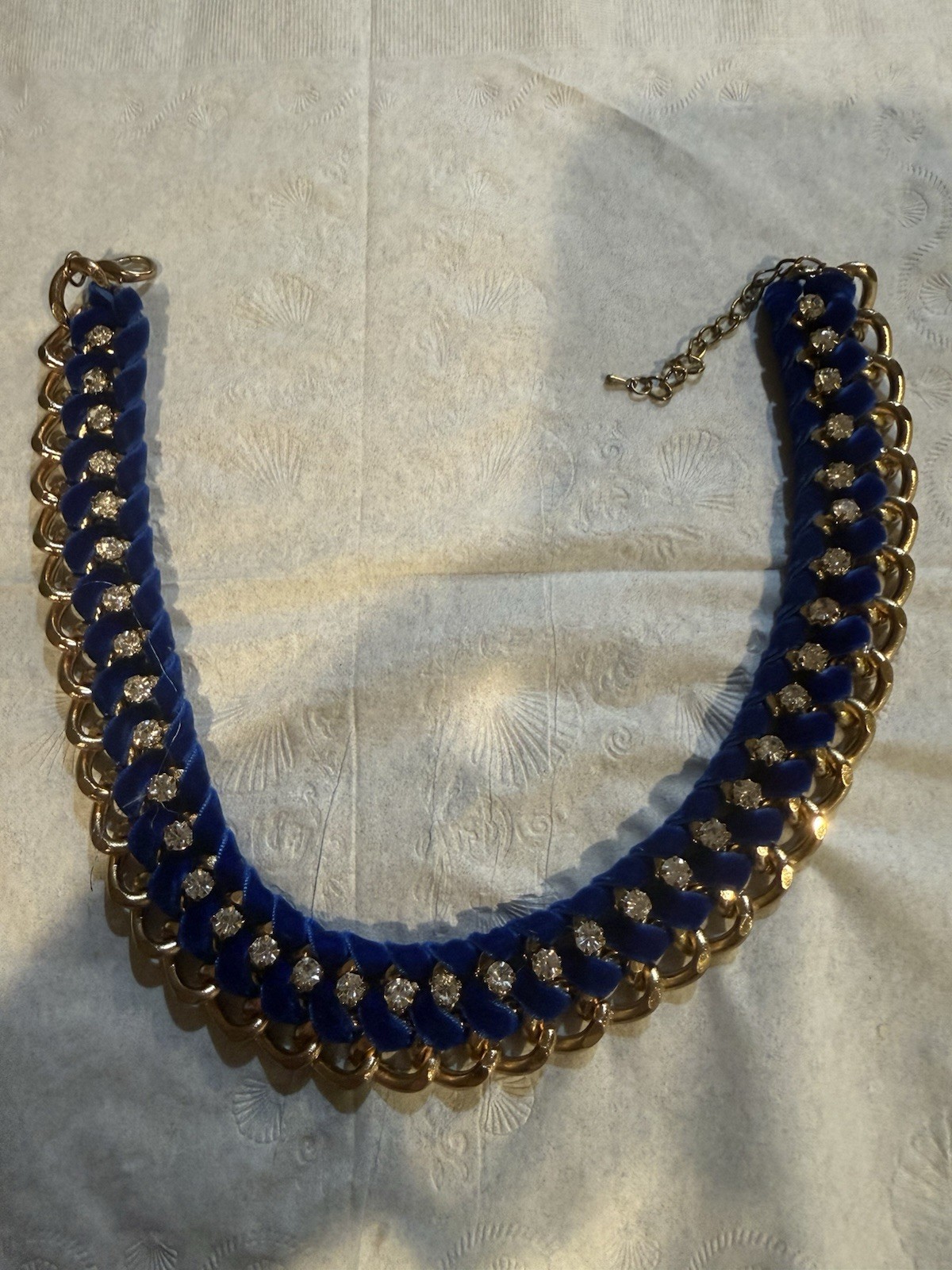 Blue Velvet Gold Tone Chain Statement Necklace Clear Rhinestone Bib Collar Neckl