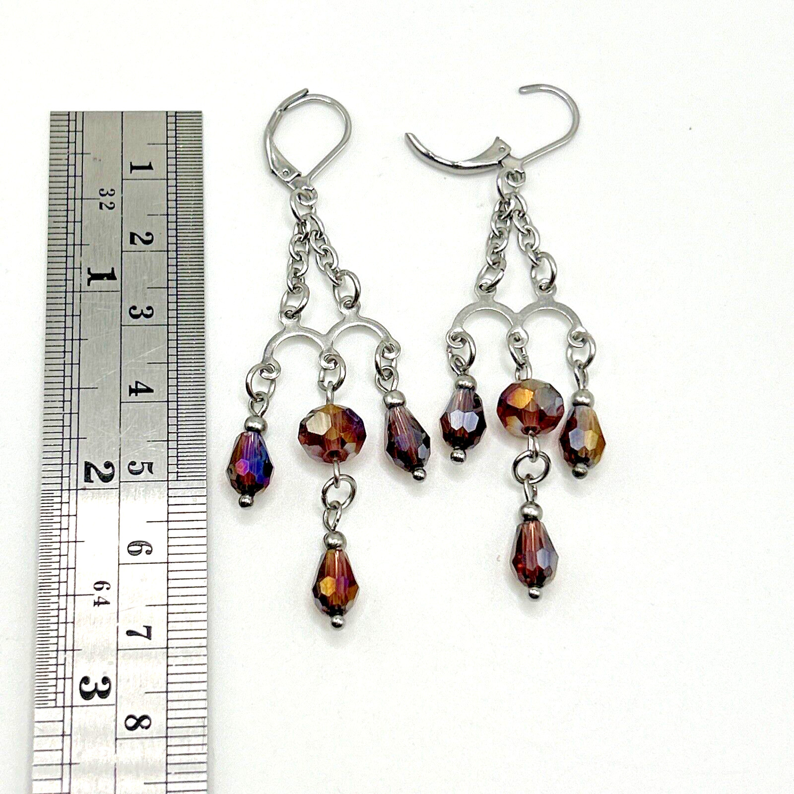 Purple Wine Glass & Stainless Steel Chandelier Dangle Drop Leverback Earrings