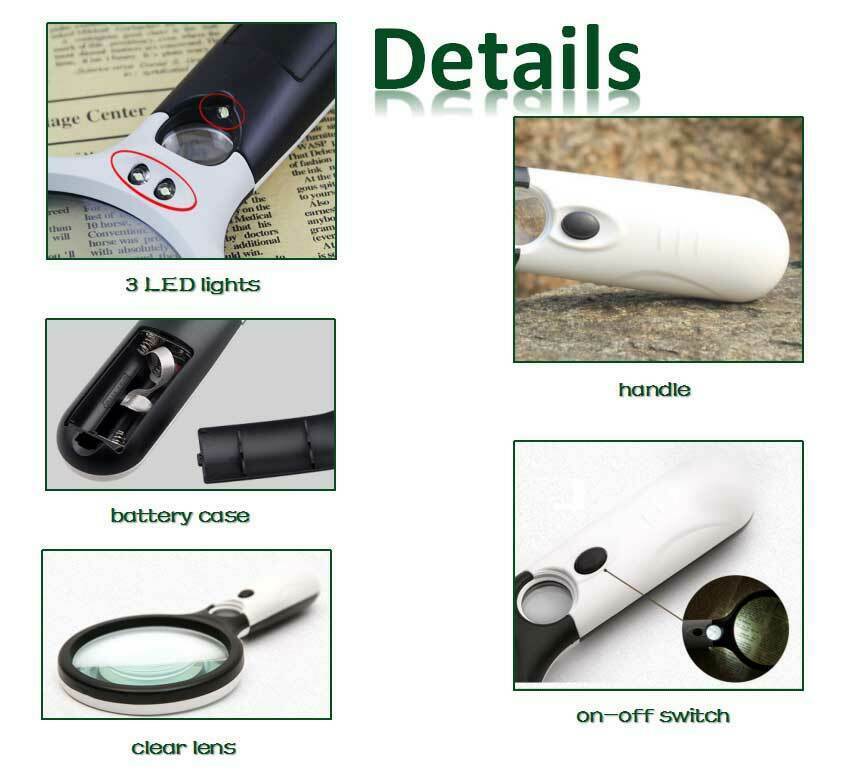 45X Magnifying Glass Handheld Magnifier 3 LED LightJewelry Reading Lens Loupe