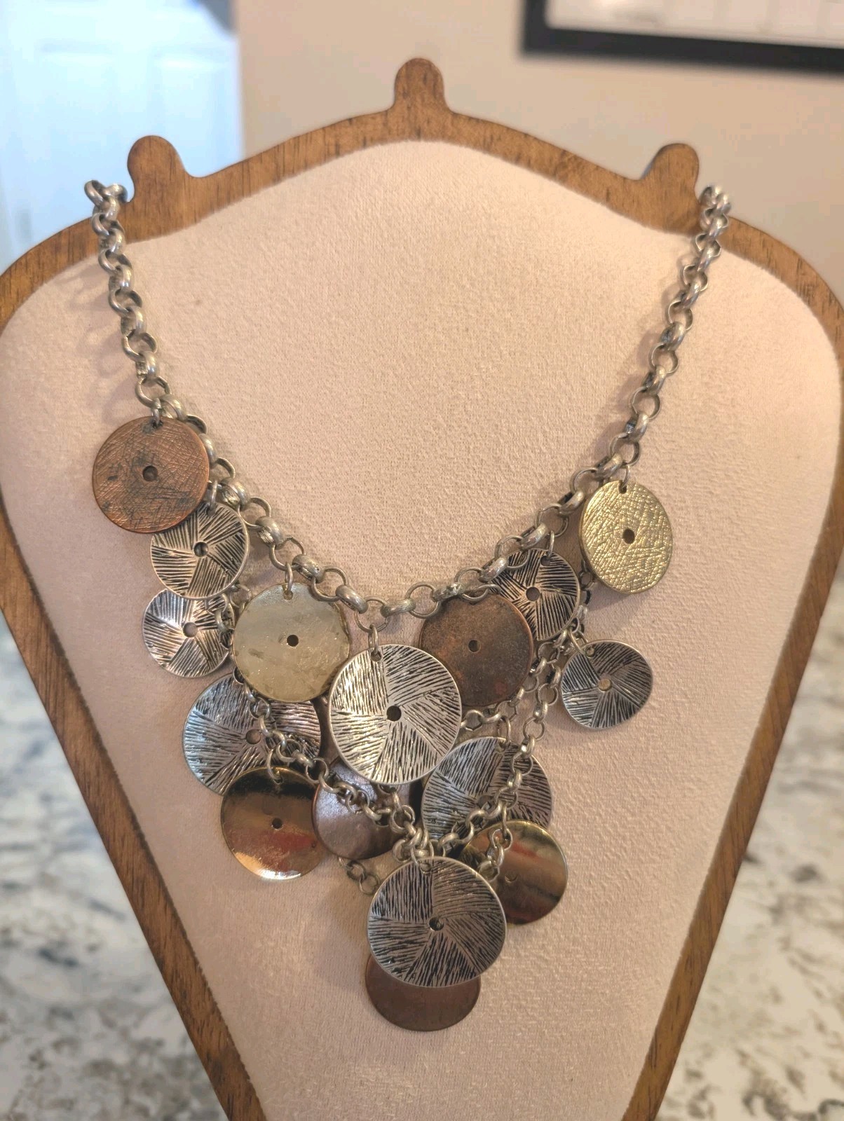Statement Multi-Tone Disc Dangle Bib Necklace Silver Copper Gold Adjustable